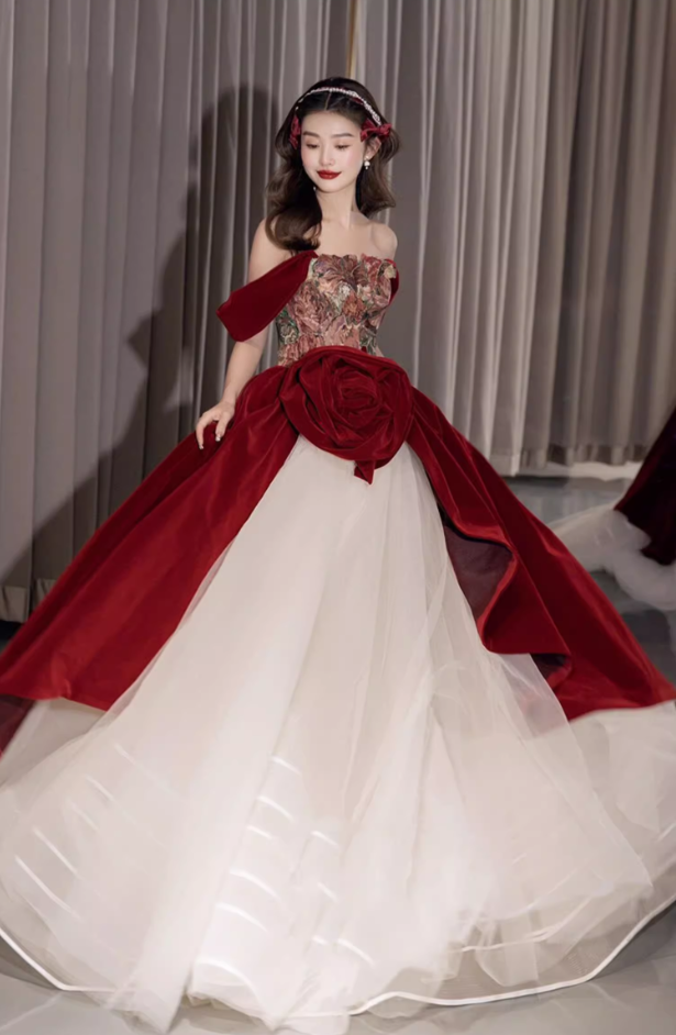 Gorgeous Burgundy Velvet & Ivory Tulle Off-Shoulder 3D Rose Embroidered Sweet 16 Quinceanera Ball Gown DP7479