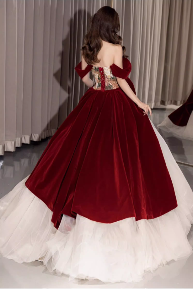 Gorgeous Burgundy Velvet & Ivory Tulle Off-Shoulder 3D Rose Embroidered Sweet 16 Quinceanera Ball Gown DP7479