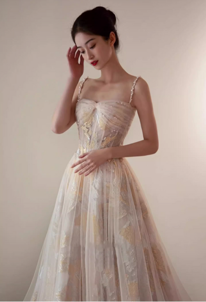 Glamorous Champagne Floral Tulle Pearl Straps Sweetheart  Evening Gown DP7482
