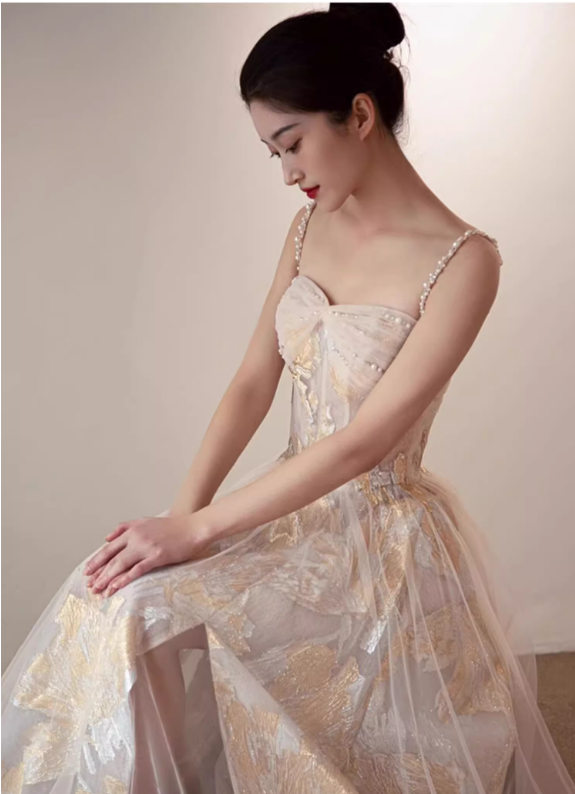 Glamorous Champagne Floral Tulle Pearl Straps Sweetheart  Evening Gown DP7482