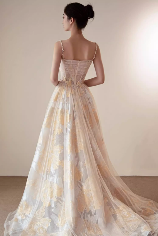 Glamorous Champagne Floral Tulle Pearl Straps Sweetheart  Evening Gown DP7482