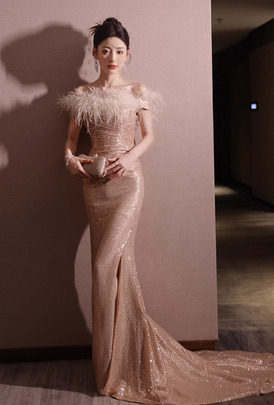 Glamorous Rose Gold Sequin Sheath Feather Off-Shoulder High Slit Evening Gown DP7483