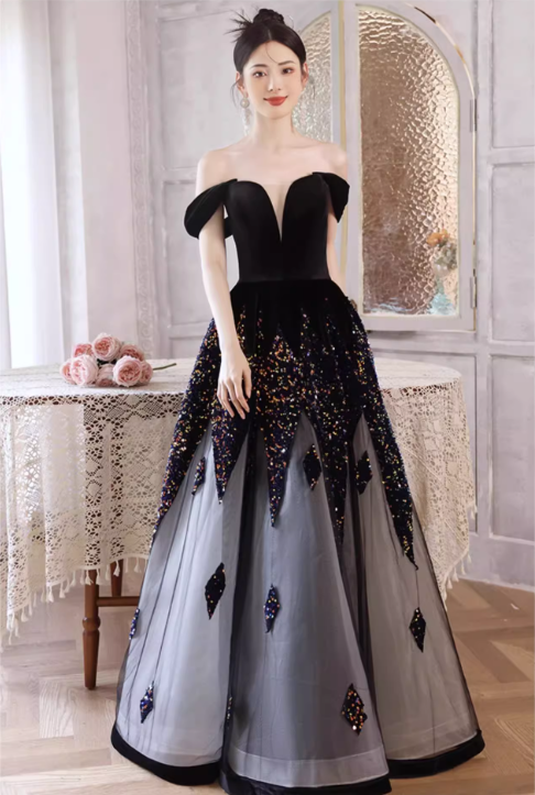 Wunderschönes schwarzes schulterfreies Ombré-Glitzer-Tüllkleid für Sweet 16 Quinceañera DP7484