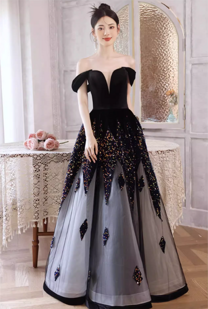 Wunderschönes schwarzes schulterfreies Ombré-Glitzer-Tüllkleid für Sweet 16 Quinceañera DP7484