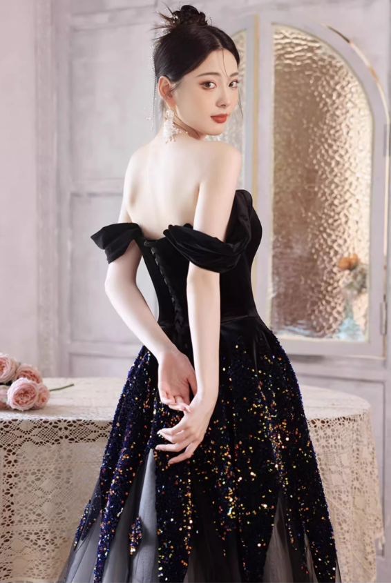 Wunderschönes schwarzes schulterfreies Ombré-Glitzer-Tüllkleid für Sweet 16 Quinceañera DP7484