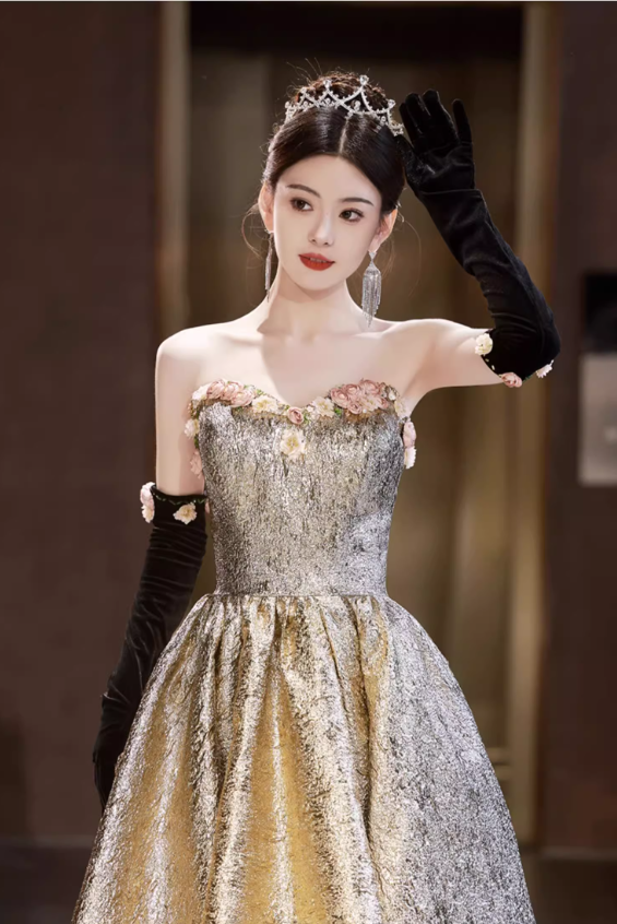 Gorgeous Gold Strapless Sweetheart 3D Floral Sweet 16 Quinceanera Ball Gown DP7485