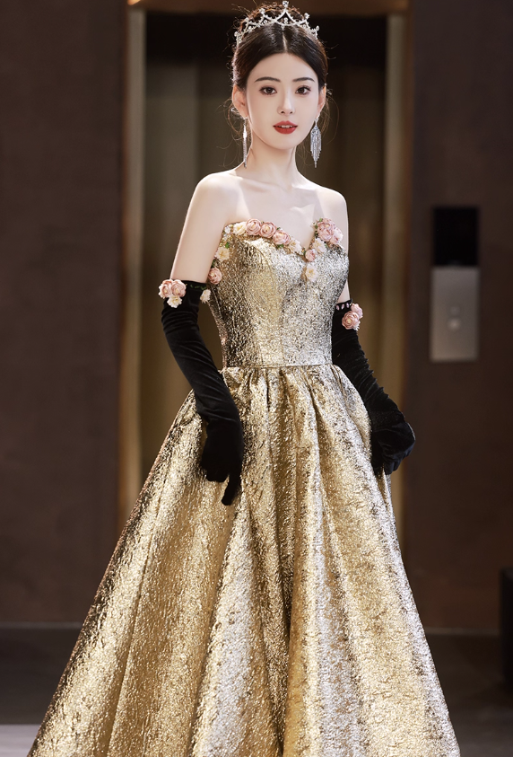 Gorgeous Gold Strapless Sweetheart 3D Floral Sweet 16 Quinceanera Ball Gown DP7485