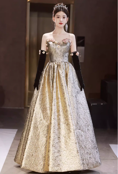 Gorgeous Gold Strapless Sweetheart 3D Floral Sweet 16 Quinceanera Ball Gown DP7485