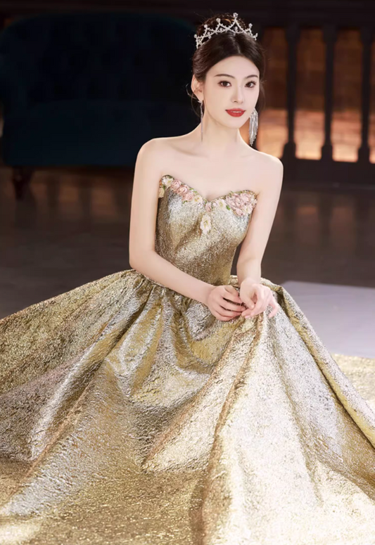 Gorgeous Gold Strapless Sweetheart 3D Floral Sweet 16 Quinceanera Ball Gown DP7485