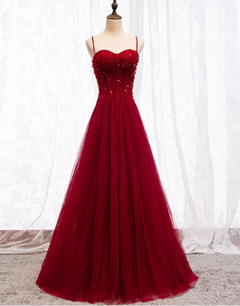 Glamorous Burgundy Tulle Beaded Sweetheart A-Line Spaghetti Strap Prom Dress Evening Gown DP7486