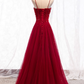 Glamorous Burgundy Tulle Beaded Sweetheart A-Line Spaghetti Strap Prom Dress Evening Gown DP7486