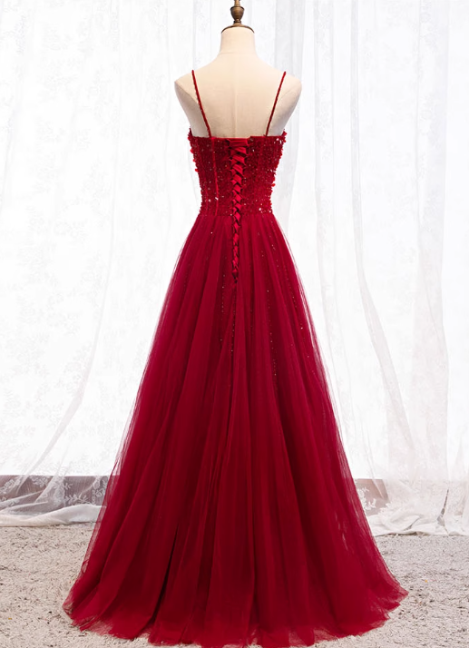 Glamorous Burgundy Tulle Beaded Sweetheart A-Line Spaghetti Strap Prom Dress Evening Gown DP7486