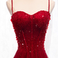 Glamorous Burgundy Tulle Beaded Sweetheart A-Line Spaghetti Strap Prom Dress Evening Gown DP7486