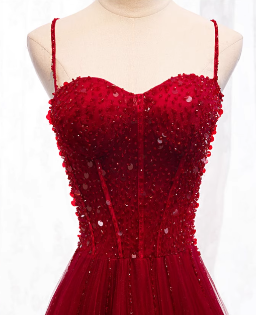 Glamorous Burgundy Tulle Beaded Sweetheart A-Line Spaghetti Strap Prom Dress Evening Gown DP7486