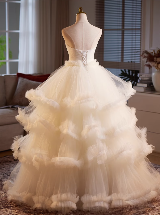 Elegant Ivory Strapless Tiered Ruffled A-Line Tulle Wedding Dress DP7487