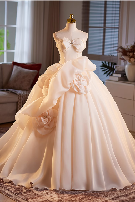 Gorgeous Champagne Strapless  Bow 3D Floral Sweet 16 Quinceanera Ball Gown DP7488