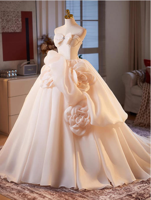 Gorgeous Champagne Strapless  Bow 3D Floral Sweet 16 Quinceanera Ball Gown DP7488