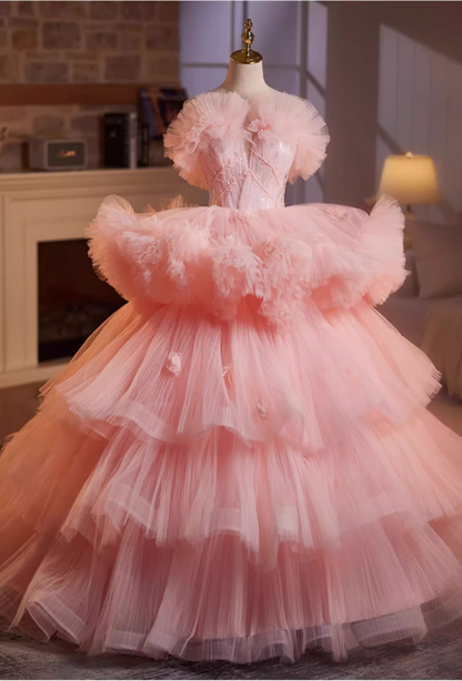 Gorgeous Pink Tiered Tulle Off-Shoulder Ruffled Sweet 16 Quinceanera Ball Gown DP7489