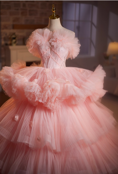 Gorgeous Pink Tiered Tulle Off-Shoulder Ruffled Sweet 16 Quinceanera Ball Gown DP7489