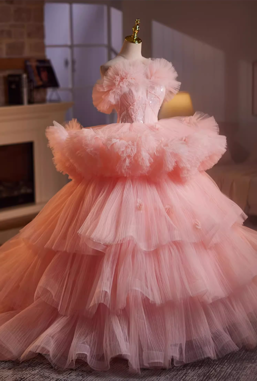 Gorgeous Pink Tiered Tulle Off-Shoulder Ruffled Sweet 16 Quinceanera Ball Gown DP7489