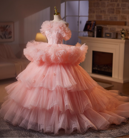 Gorgeous Pink Tiered Tulle Off-Shoulder Ruffled Sweet 16 Quinceanera Ball Gown DP7489