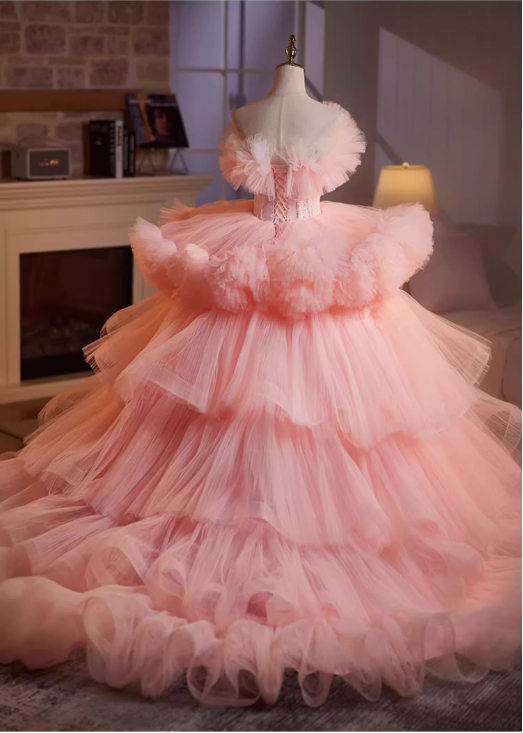 Gorgeous Pink Tiered Tulle Off-Shoulder Ruffled Sweet 16 Quinceanera Ball Gown DP7489