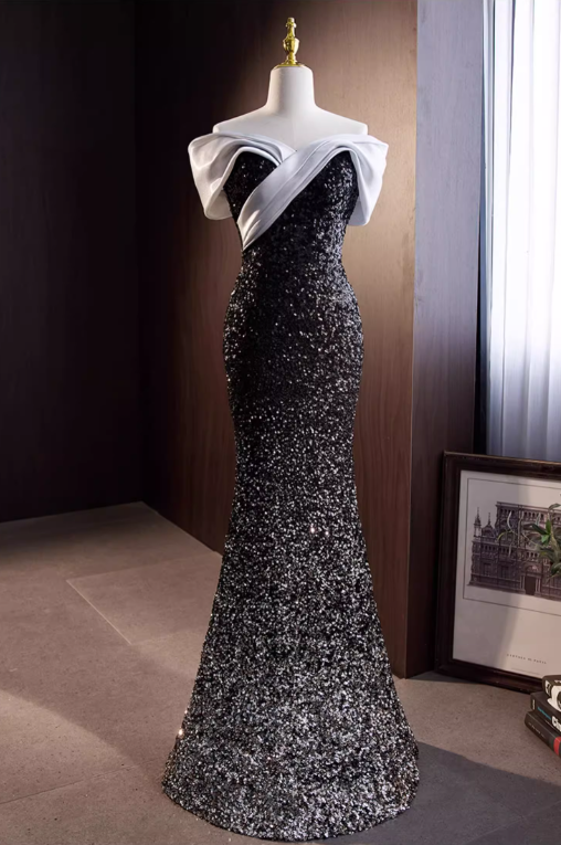 Glamouröses schwarzes Pailletten-Abendkleid im Meerjungfrauenstil mit schulterfreiem Ausschnitt (DP7490)