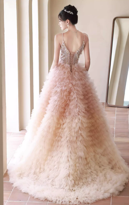 Gorgeous Pink Tiered Tulle Beaded Sweetheart Spaghetti Strap Sweet 16 Quinceanera Ball Gown DP7491