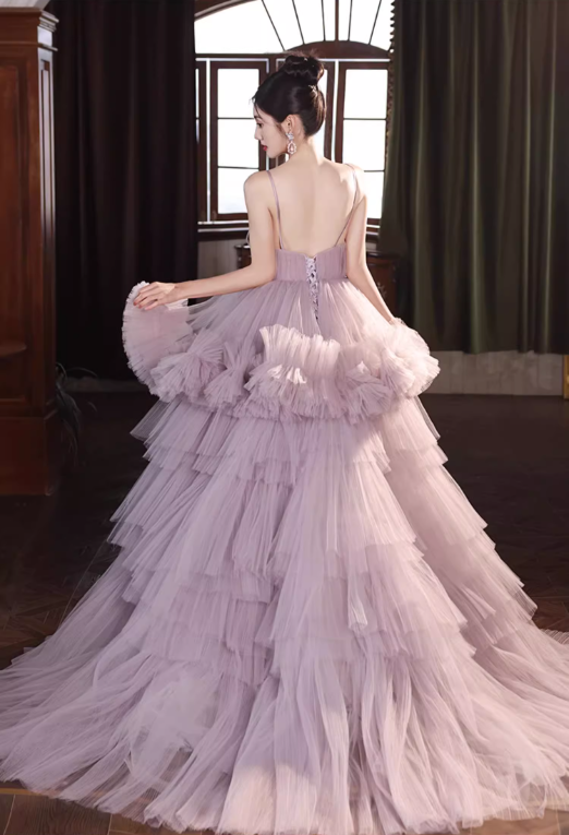 Gorgeous Lilac Tulle Spaghetti Strap Tiered Ruffled Sweet 16 Quinceanera Ball Gown DP7492