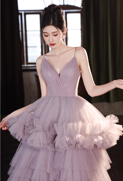 Gorgeous Lilac Tulle Spaghetti Strap Tiered Ruffled Sweet 16 Quinceanera Ball Gown DP7492