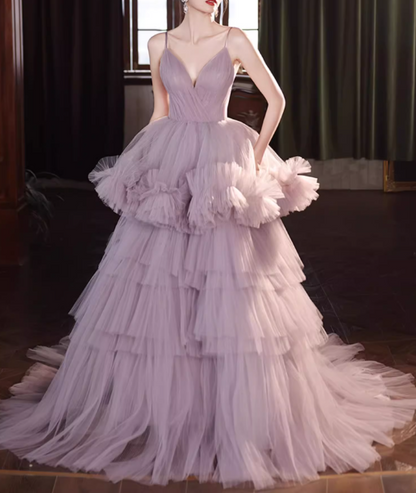 Gorgeous Lilac Tulle Spaghetti Strap Tiered Ruffled Sweet 16 Quinceanera Ball Gown DP7492