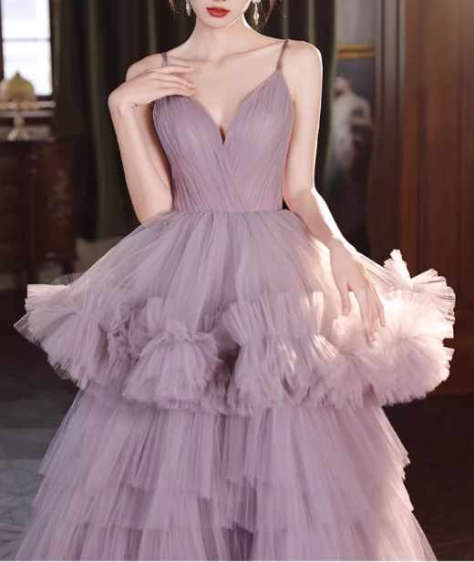 Gorgeous Lilac Tulle Spaghetti Strap Tiered Ruffled Sweet 16 Quinceanera Ball Gown DP7492