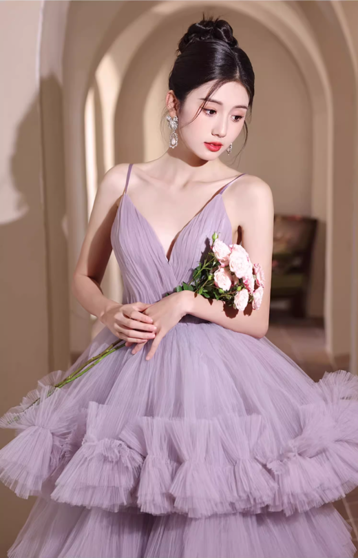 Gorgeous Lilac Tulle Spaghetti Strap Tiered Ruffled Sweet 16 Quinceanera Ball Gown DP7492