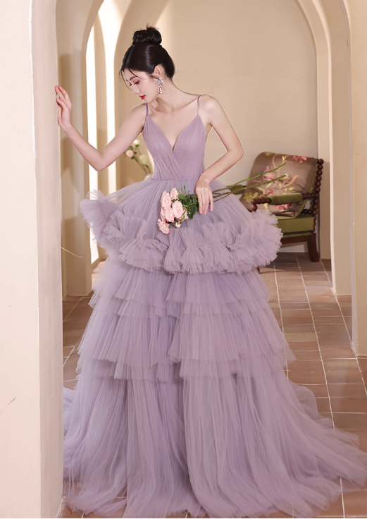 Gorgeous Lilac Tulle Spaghetti Strap Tiered Ruffled Sweet 16 Quinceanera Ball Gown DP7492