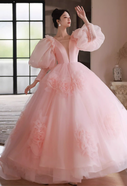 Gorgeous Pink Puff Sleeves 3D Floral Tulle Sweet 16 Quinceanera Ball Gown DP7493
