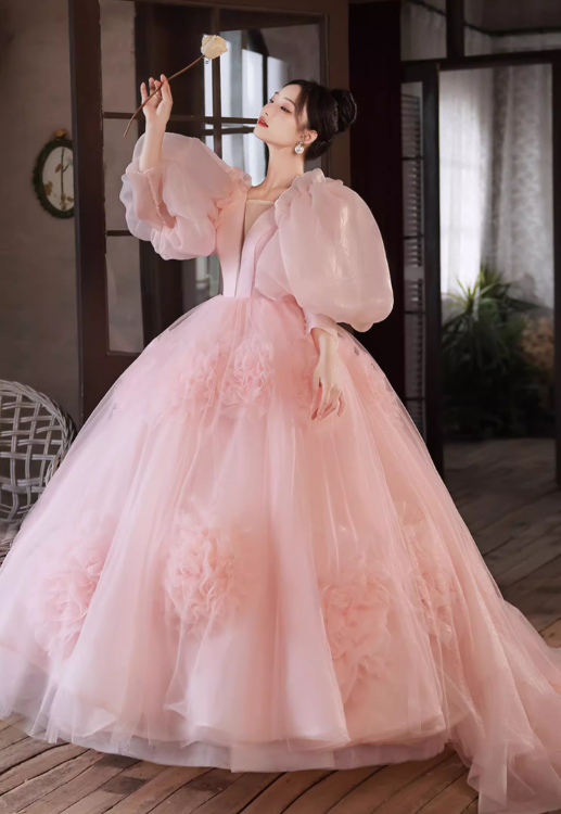Gorgeous Pink Puff Sleeves 3D Floral Tulle Sweet 16 Quinceanera Ball Gown DP7493