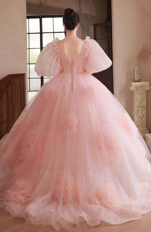 Gorgeous Pink Puff Sleeves 3D Floral Tulle Sweet 16 Quinceanera Ball Gown DP7493