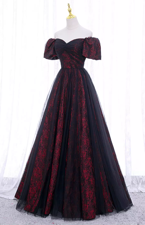 Gorgeous Burgundy Floral Brocade Sheer Black Tulle Off-the-Shoulder Sweet 16 Quinceanera Ball Gown DP7494
