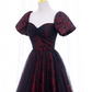 Gorgeous Burgundy Floral Brocade Sheer Black Tulle Off-the-Shoulder Sweet 16 Quinceanera Ball Gown DP7494