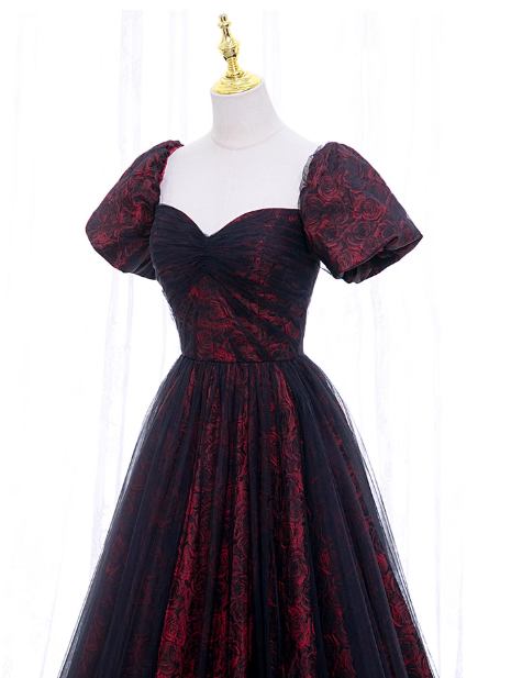 Gorgeous Burgundy Floral Brocade Sheer Black Tulle Off-the-Shoulder Sweet 16 Quinceanera Ball Gown DP7494