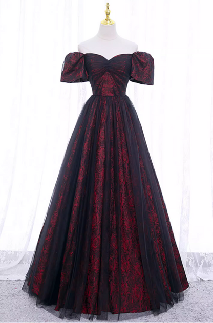 Gorgeous Burgundy Floral Brocade Sheer Black Tulle Off-the-Shoulder Sweet 16 Quinceanera Ball Gown DP7494