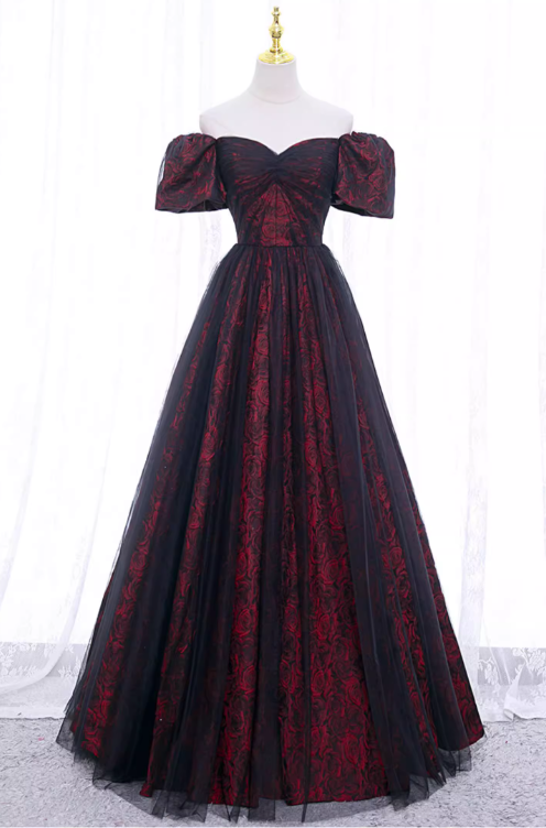 Gorgeous Burgundy Floral Brocade Sheer Black Tulle Off-the-Shoulder Sweet 16 Quinceanera Ball Gown DP7494