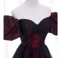Gorgeous Burgundy Floral Brocade Sheer Black Tulle Off-the-Shoulder Sweet 16 Quinceanera Ball Gown DP7494