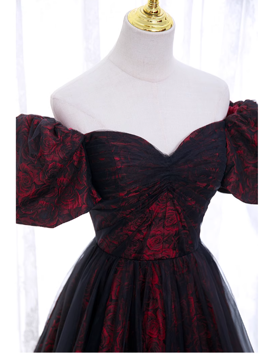 Gorgeous Burgundy Floral Brocade Sheer Black Tulle Off-the-Shoulder Sweet 16 Quinceanera Ball Gown DP7494