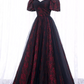 Gorgeous Burgundy Floral Brocade Sheer Black Tulle Off-the-Shoulder Sweet 16 Quinceanera Ball Gown DP7494