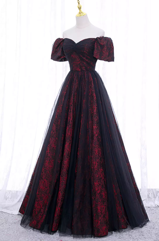Gorgeous Burgundy Floral Brocade Sheer Black Tulle Off-the-Shoulder Sweet 16 Quinceanera Ball Gown DP7494
