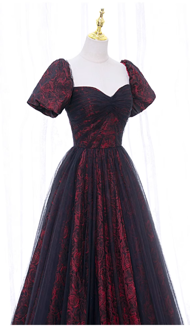 Gorgeous Burgundy Floral Brocade Sheer Black Tulle Off-the-Shoulder Sweet 16 Quinceanera Ball Gown DP7494