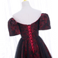 Gorgeous Burgundy Floral Brocade Sheer Black Tulle Off-the-Shoulder Sweet 16 Quinceanera Ball Gown DP7494