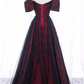 Gorgeous Burgundy Floral Brocade Sheer Black Tulle Off-the-Shoulder Sweet 16 Quinceanera Ball Gown DP7494