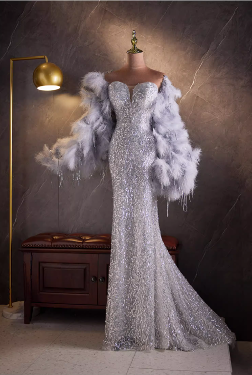 Glamorous Silver Sequin Mermaid Feather Fur Shawl Sweetheart Prom Dress Evening Gown DP7495